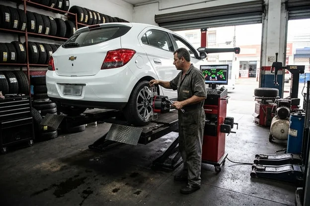 Mecânico ajustando as rodas de um carro usando equipamento de alinhamento.