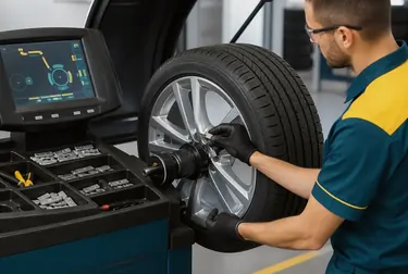 Mecânico operando máquina de balanceamento de rodas na borracharia.