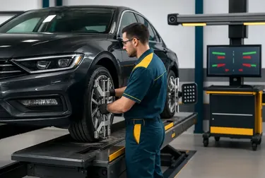 Mecânico realizando alinhamento em rodas de carro.