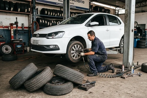 Mecânico realizando rodízio de pneus em veículo na borracharia.