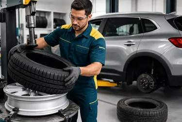 Mecânico substituindo pneu em veículo na borracharia.